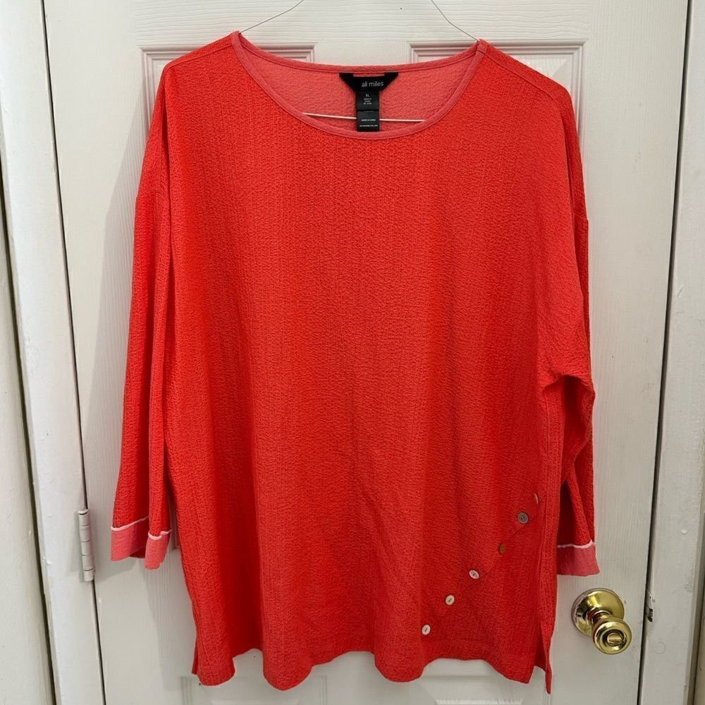 Women’s Ali Miles Boxy Lagenlook Tunic Top Size XL Coral Pink Button Details